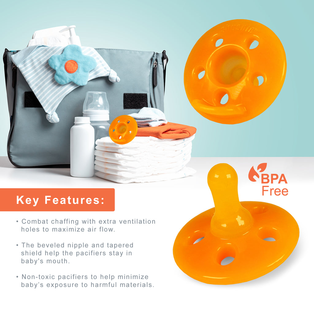 BPA-free silicone pacifier with a beveled edge and ventilation holes to maximum comfort.