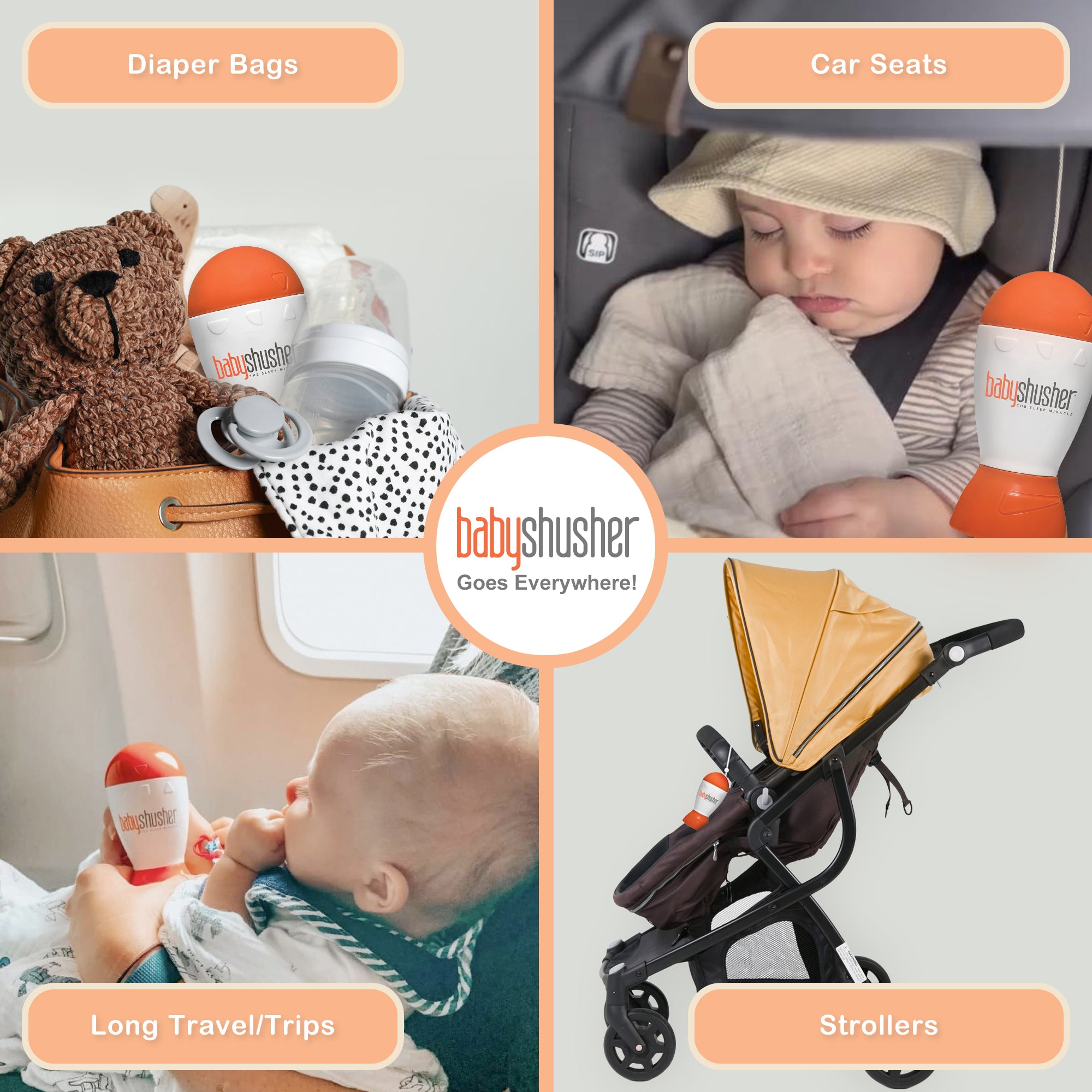 The Baby Shusher is an essential item for diaper bags, strollers, sleep training, land long trips