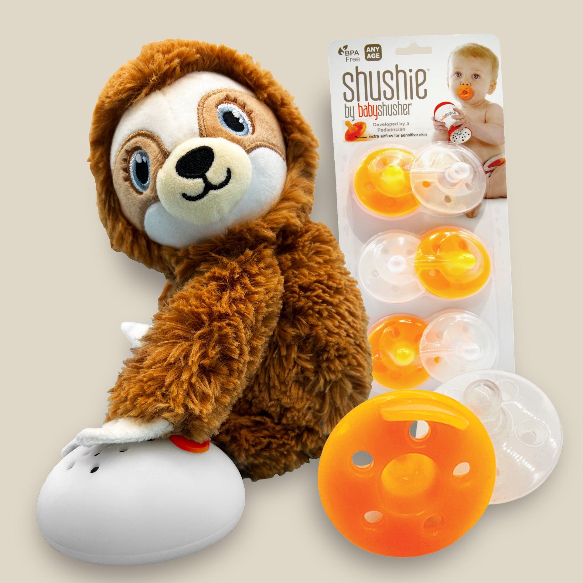 Shusher Sloth + 6-Pack Shushie™ Pacifiers – Soothing Bundle with Cuddly Cry Detection