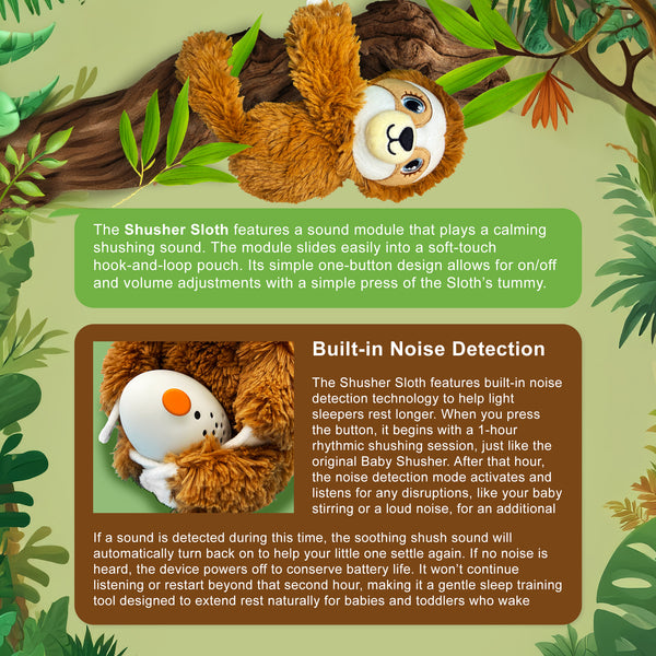 Shusher Sloth by Baby Shusher: Plush Soothing Sloth Companion with 1 hour Noise Detection