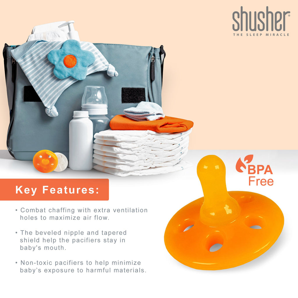 BPA-free silicone pacifier with a beveled edge and ventilation holes to maximum comfort.