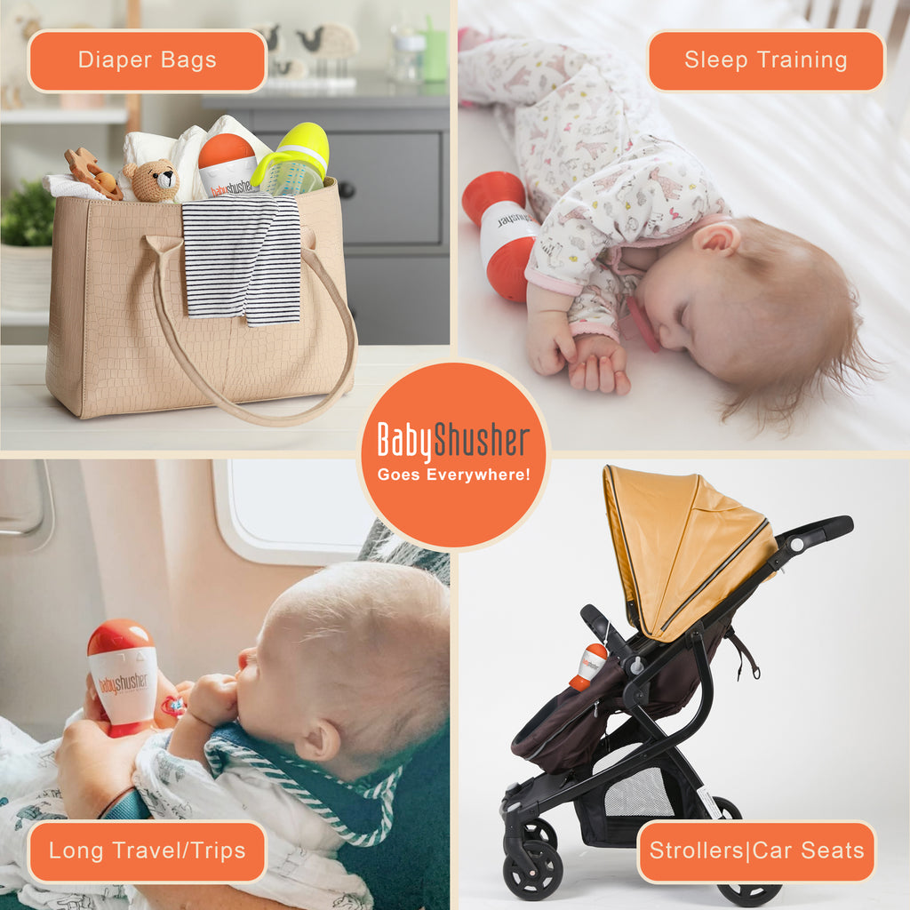 The Baby Shusher is an essential item for diaper bags, strollers, sleep training, land long trips