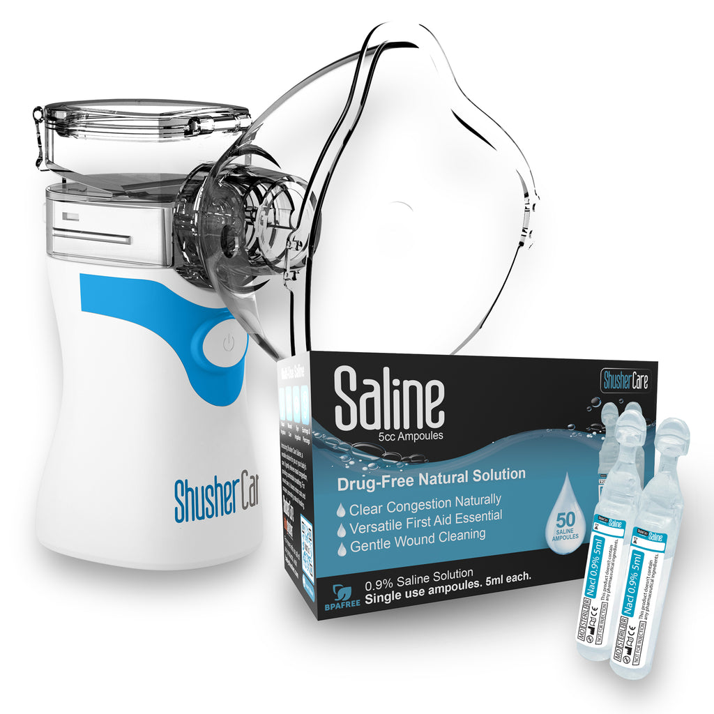 Shusher Care Bundle: Ultra Fine Mist Nebulizer & 50 Count Saline Ampoule