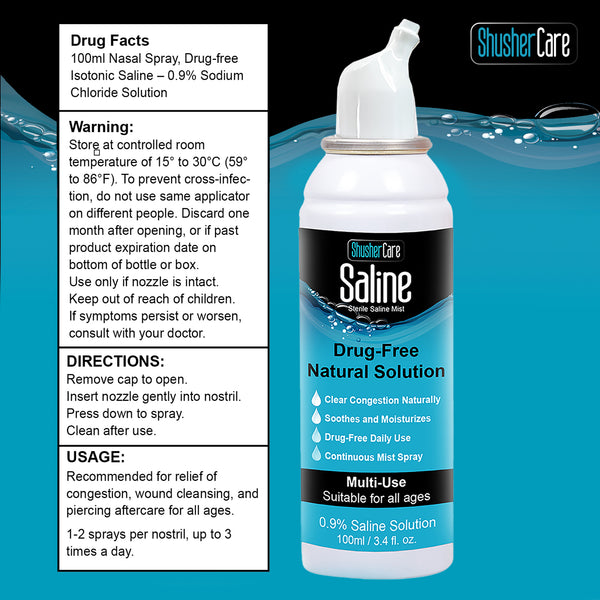 Shusher Care Saline 100 mL spray Drug Facts