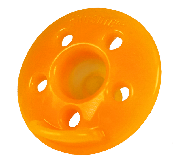 A rear view of a ventilated orange Shushie pacifer