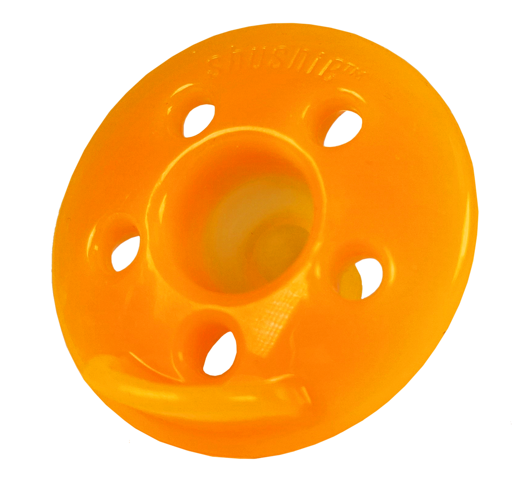 A rear view of a ventilated orange Shushie pacifer