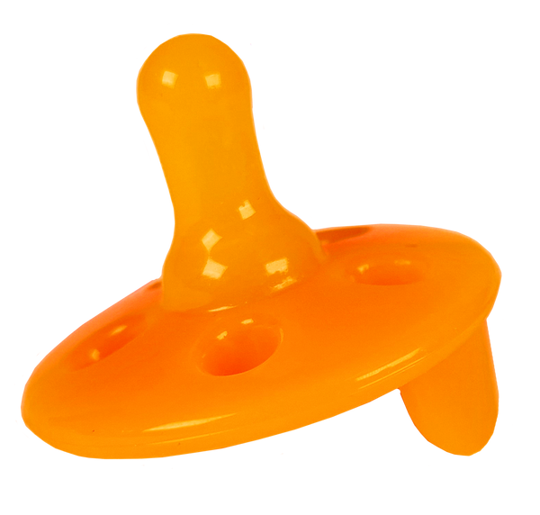 Side view of an orange ventilated Shushie pacifier