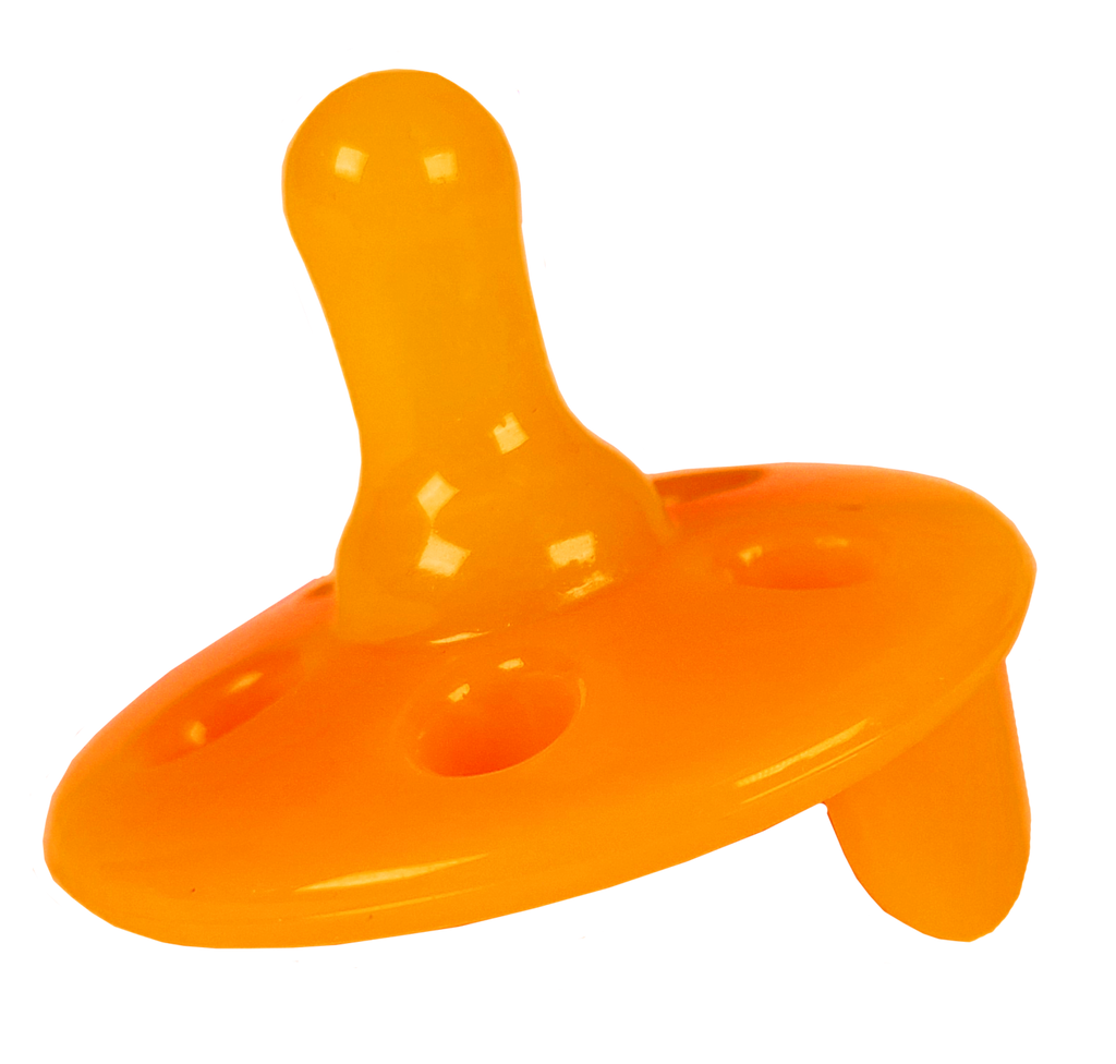 Side view of an orange ventilated Shushie pacifier