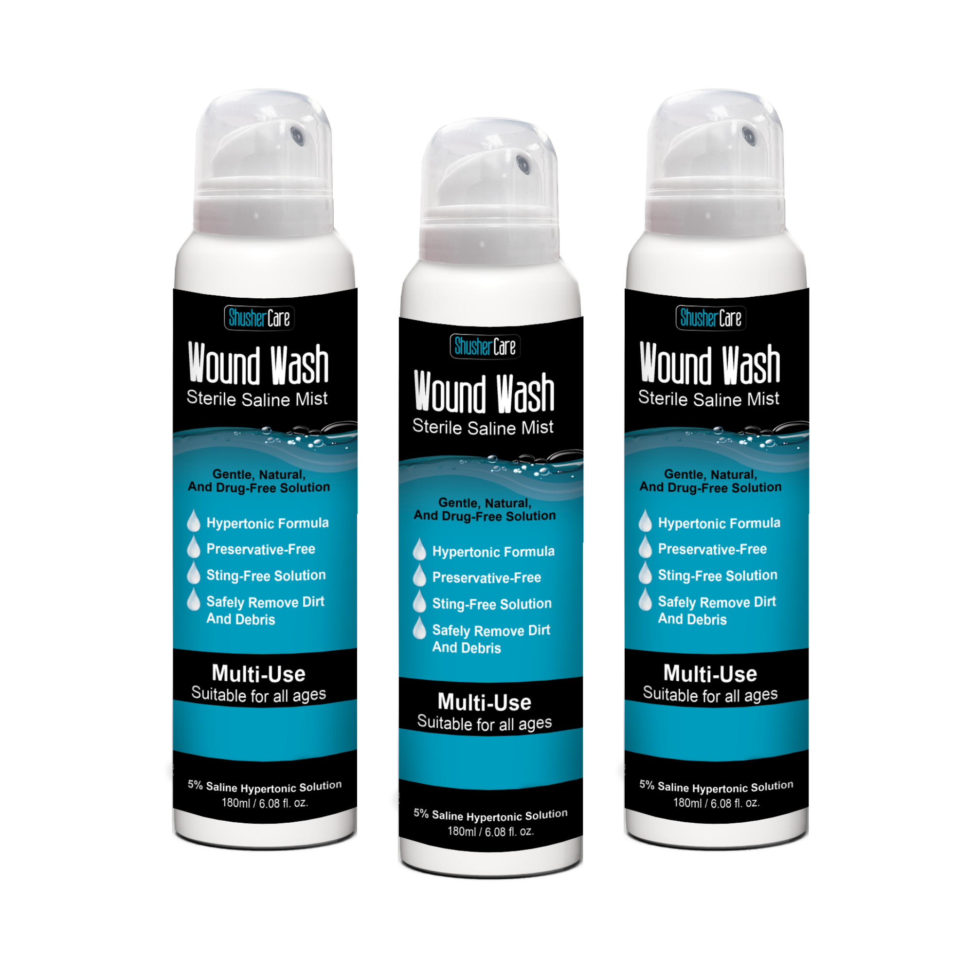 Shusher Care - Wound Wash 180mL - 5% Saline Spray 3 Pack