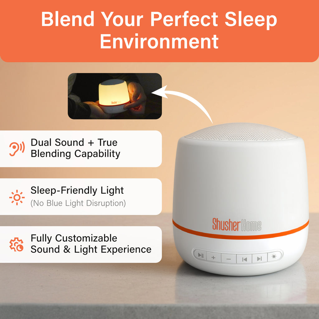Shusher Home Smart Sound Machine – Dual Sound Blending, Sleep-Safe Light & App Control for Better Sleep