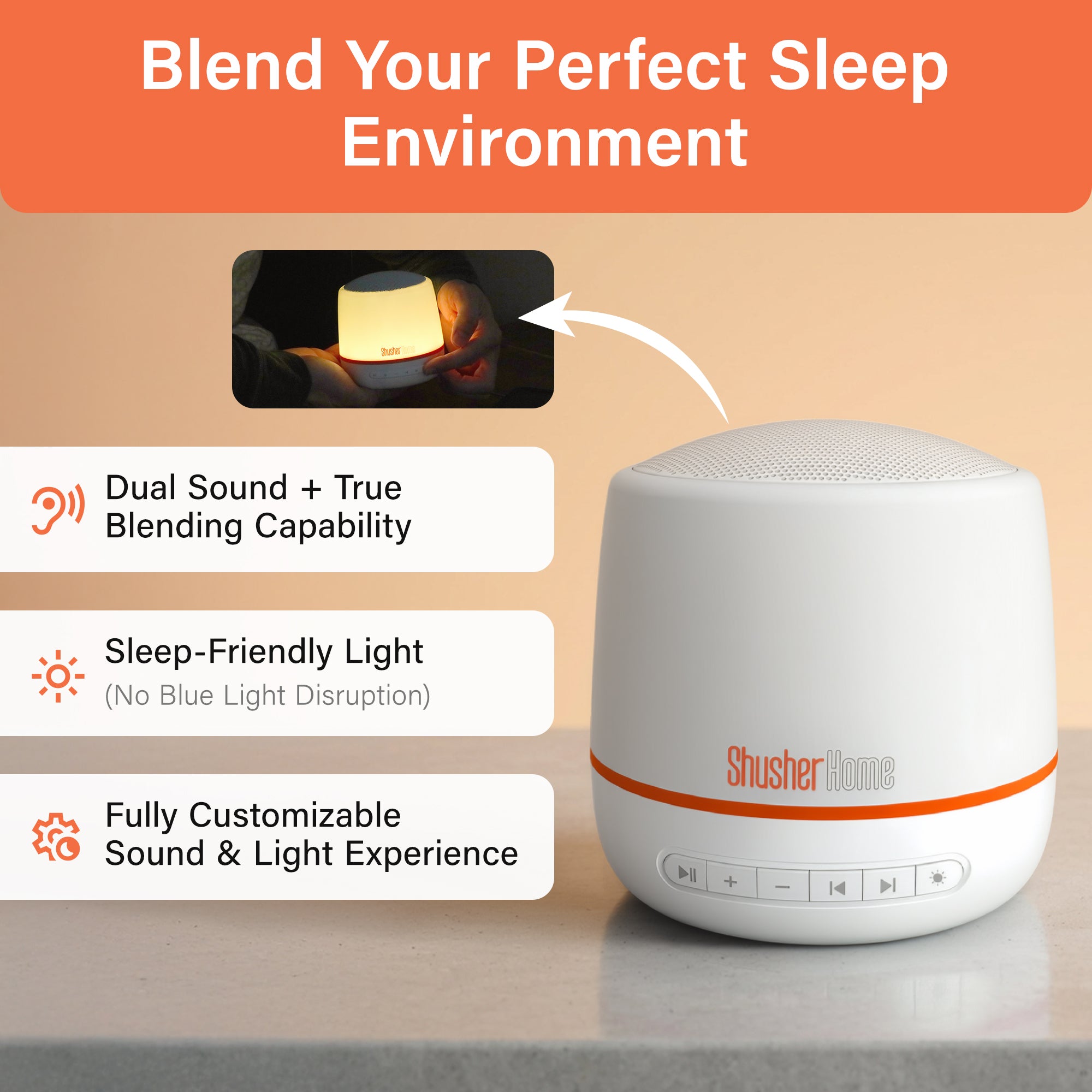 Shusher Home Smart Sound Machine – Dual Sound Blending, Sleep-Safe Light & App Control for Better Sleep
