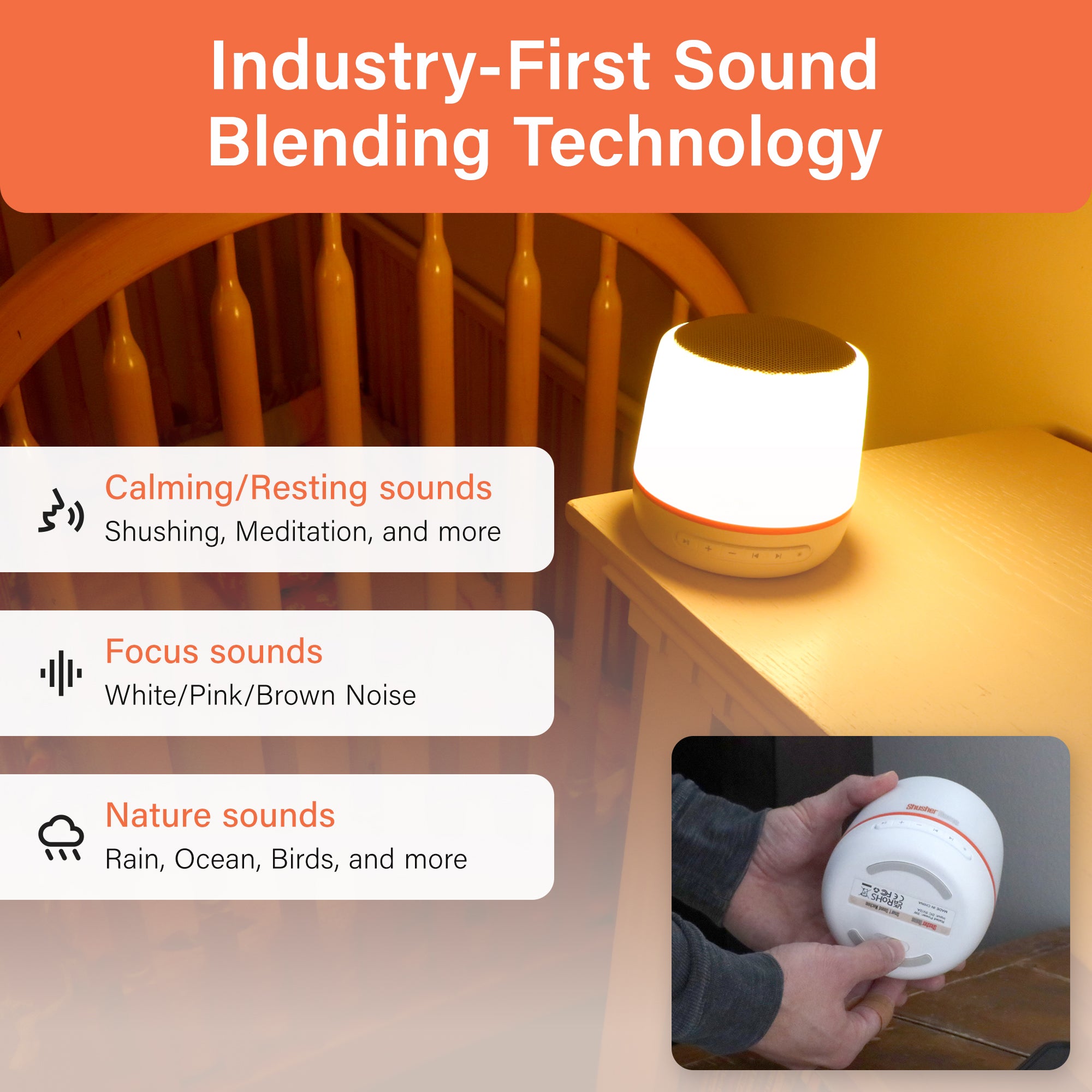 Shusher Home Smart Sound Machine – Dual Sound Blending, Sleep-Safe Light & App Control for Better Sleep