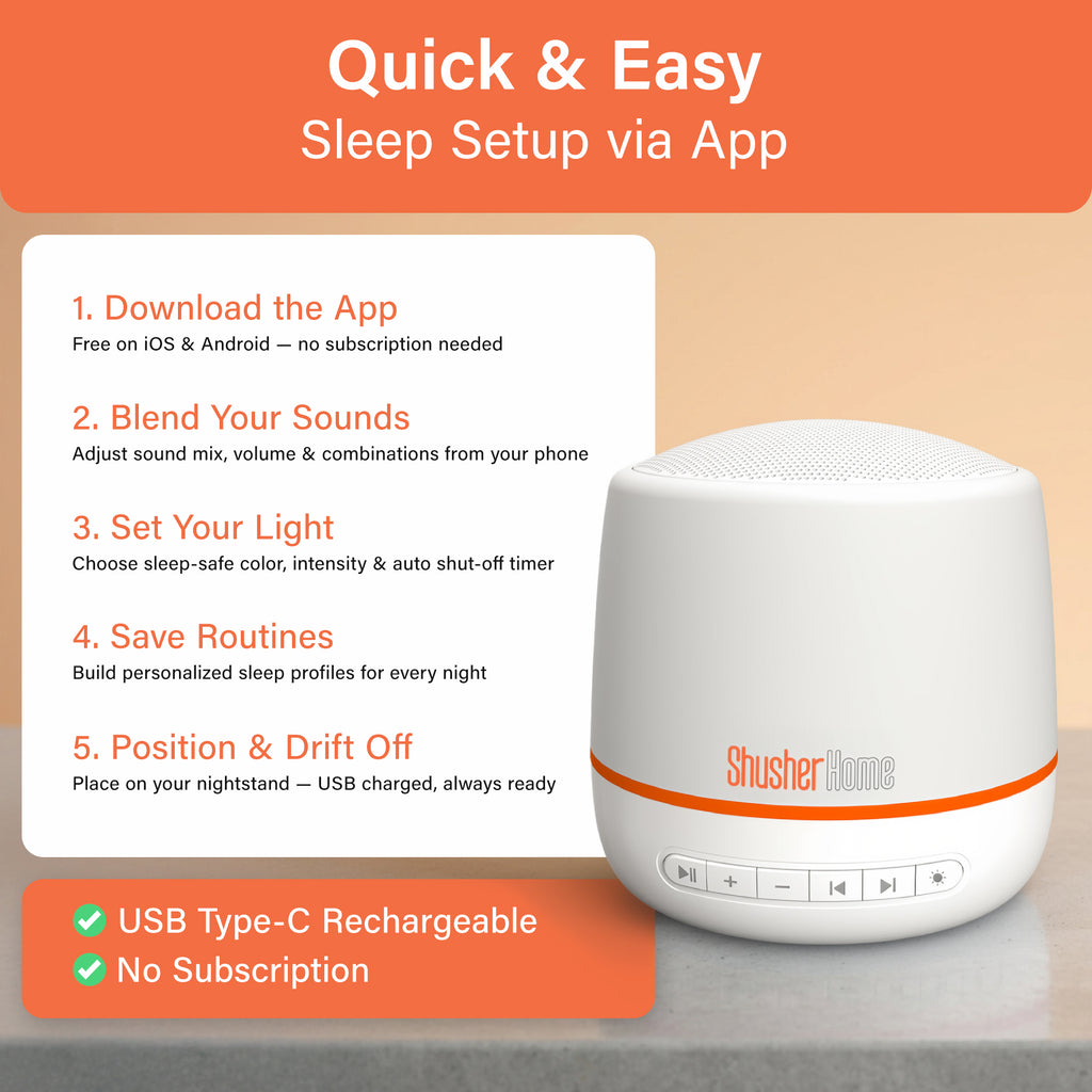 Shusher Home Smart Sound Machine – Dual Sound Blending, Sleep-Safe Light & App Control for Better Sleep