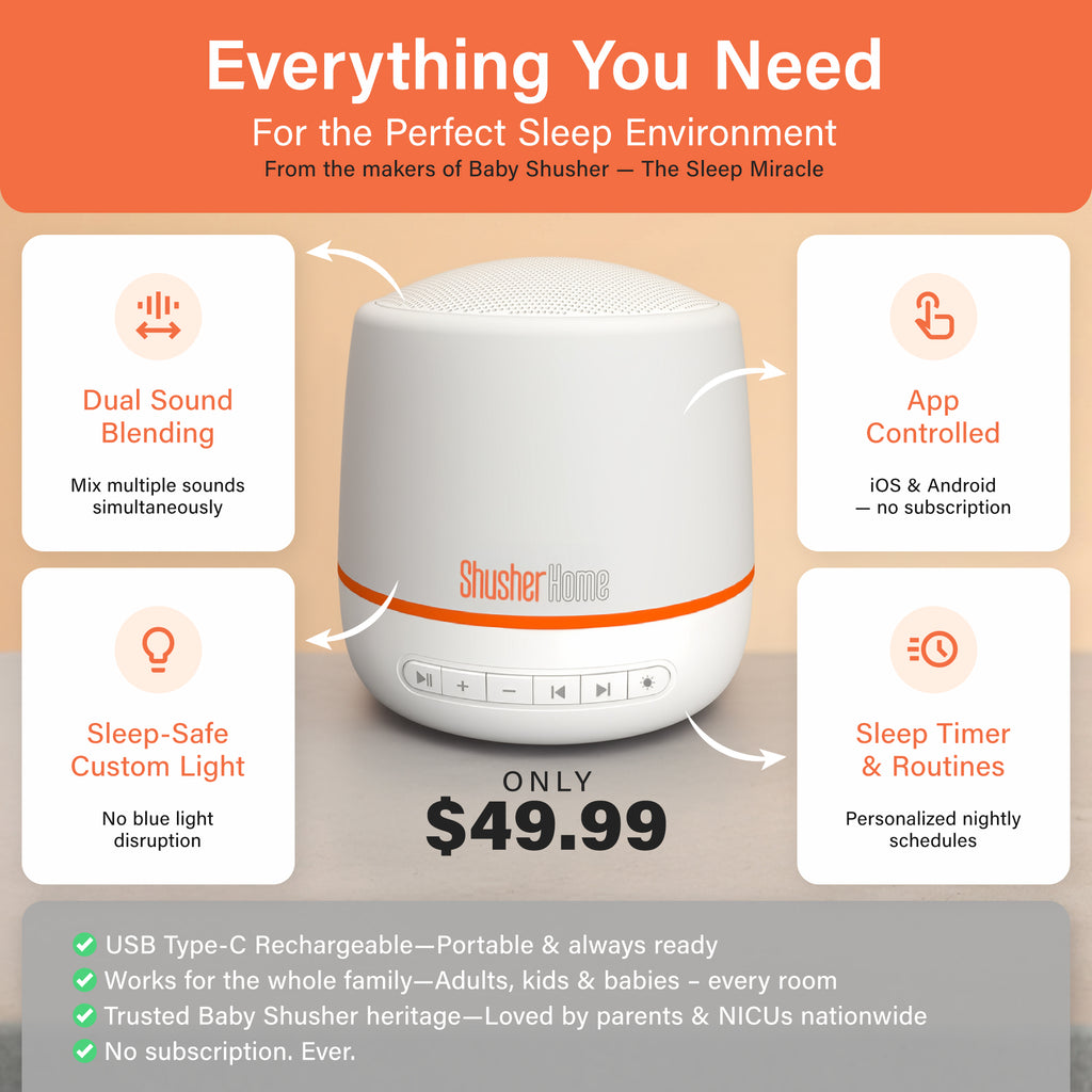 Shusher Home Smart Sound Machine – Dual Sound Blending, Sleep-Safe Light & App Control for Better Sleep