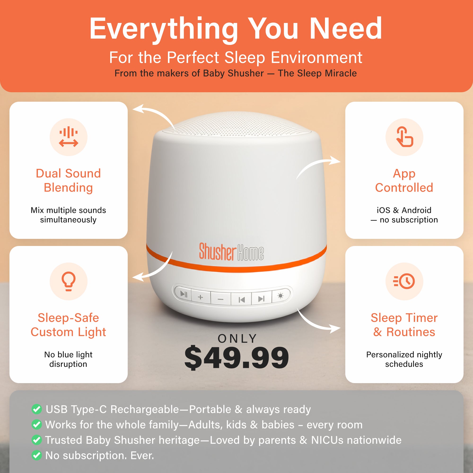 Shusher Home Smart Sound Machine – Dual Sound Blending, Sleep-Safe Light & App Control for Better Sleep