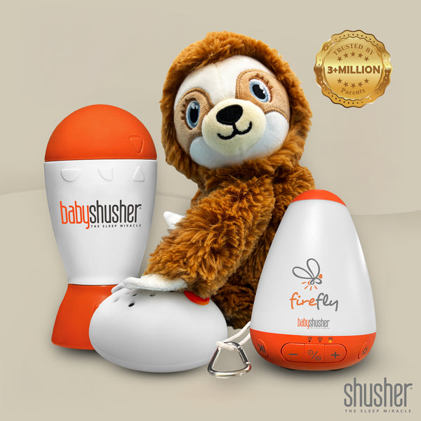 Shusher Trio Bundle – Baby Shusher, Firefly by Shusher w/ Nightlight & Shusher Sloth sound soother – All-in-One Soothing System | $125 Value Set
