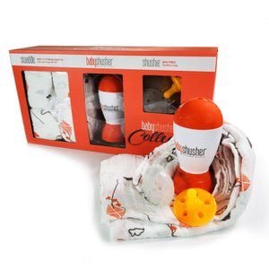 Shusher Gift Collection contains 1 Baby Susher, 2 Shushie Pacifiers, and 2 Swaddles